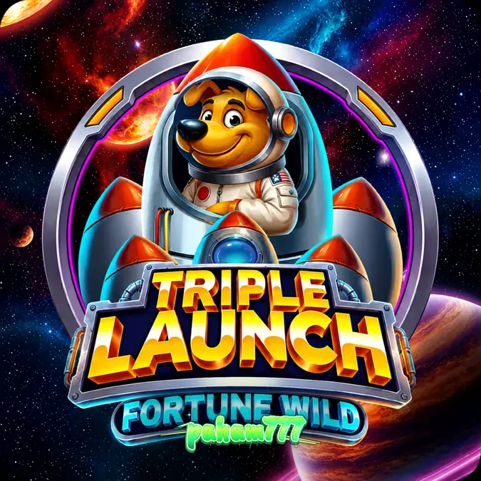 Tampilan layar permainan slot Triple Launch Fortune Wild dengan gulungan 5x4 dan meteran roket di atasnya.