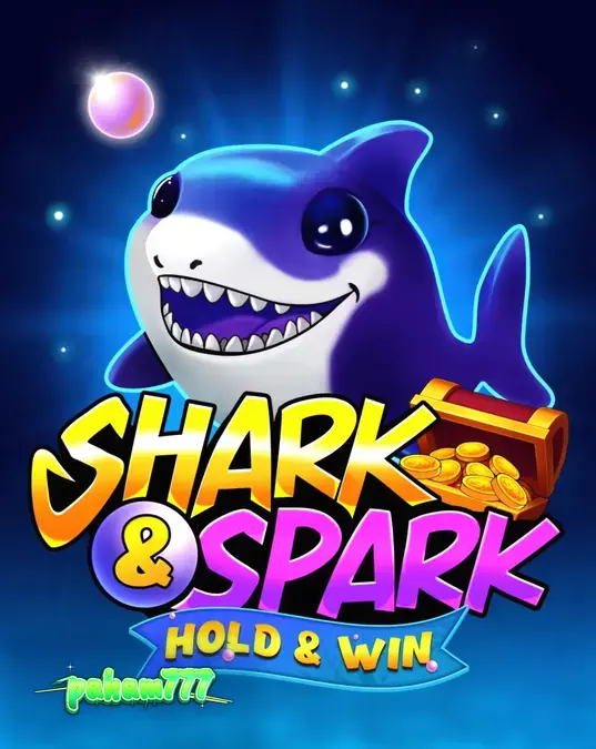 Tampilan visual slot Shark & Spark Hold & Win dengan karakter hiu kecil dan tema bawah laut yang ceria